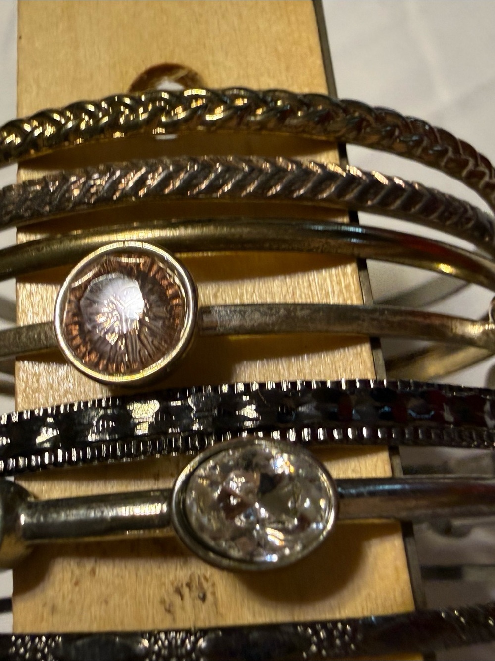 Stacked Mixed Metal Bangle Bracelet Set with Crystal Accents